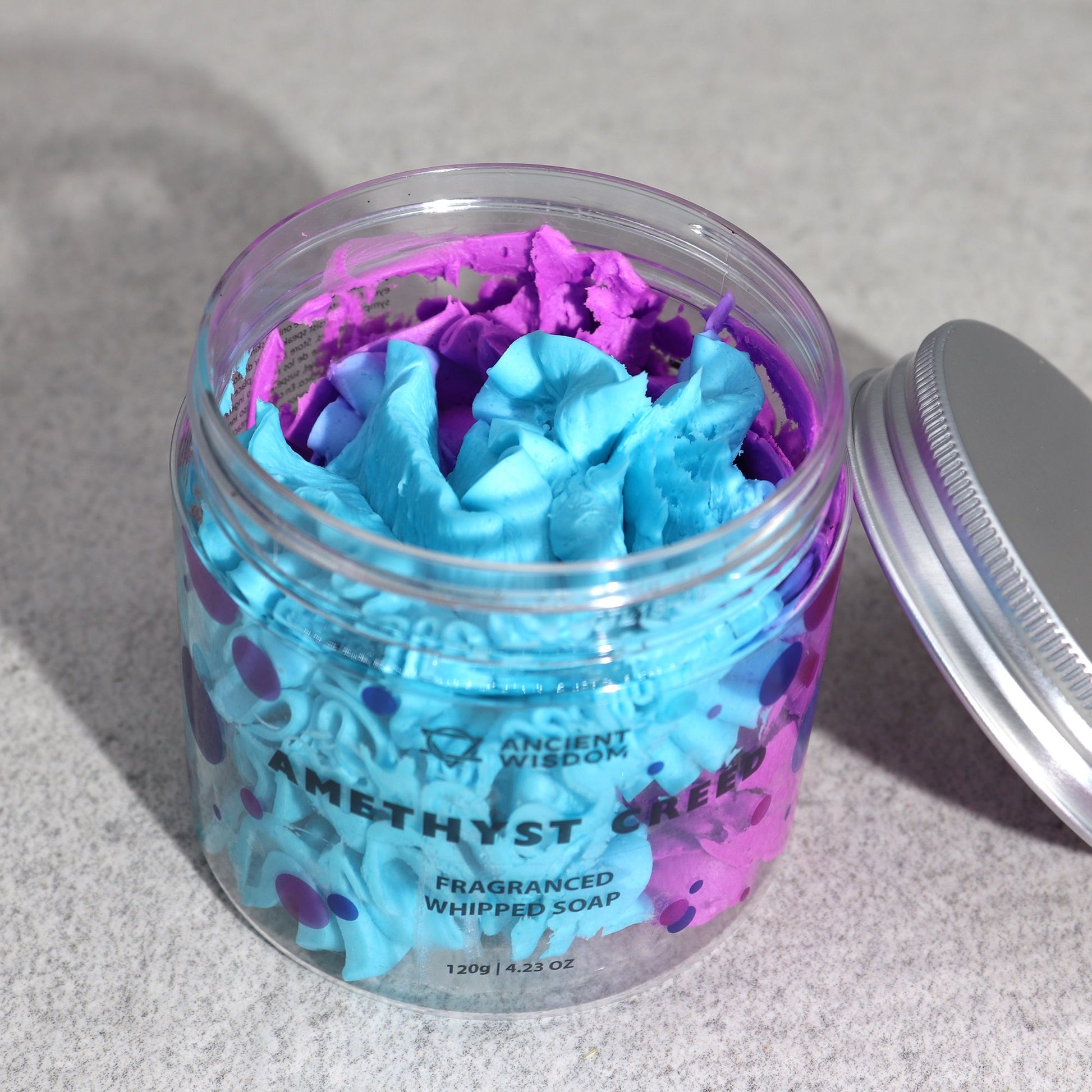 Amethyst Creed Whipped Cream Soap 120g in a clear jar with blue and purple whipped soap swirls.