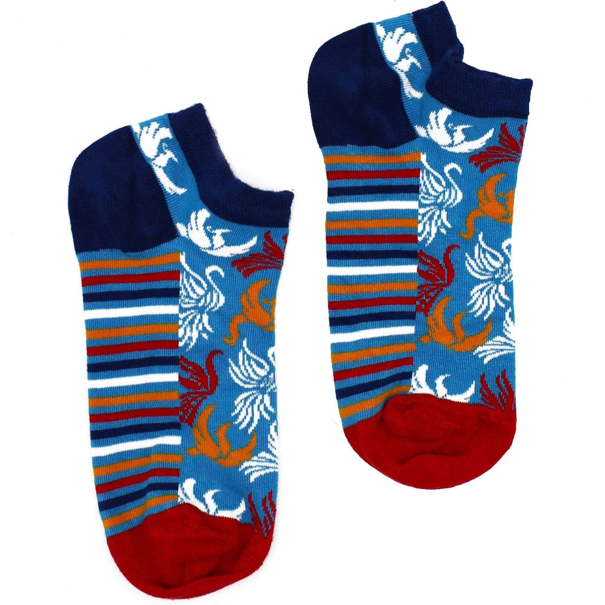 M/L Hop Hare Bamboo Socks Low (7.5-11.5) - Phoenix in blue and red with floral and striped designs.