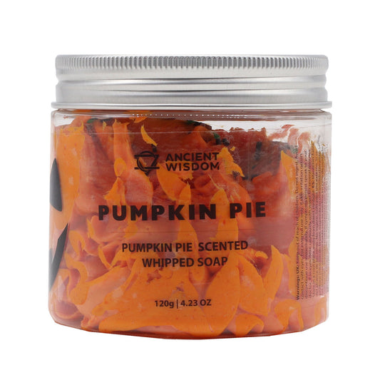 Pumpkin Pie Whipped Soap 120g in a clear jar with orange shreds and a silver lid.