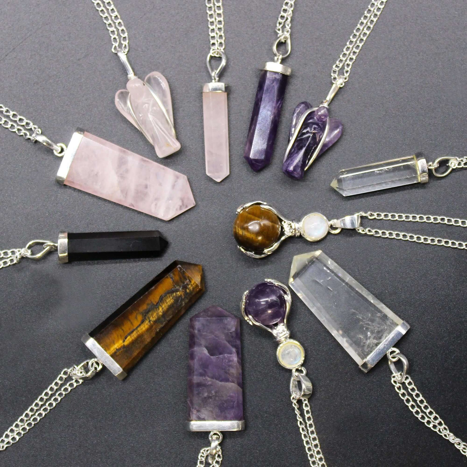 Amethyst Gemstone Flat Pencil Pendant Necklace Silver Plated and assorted gemstone necklaces on chains.