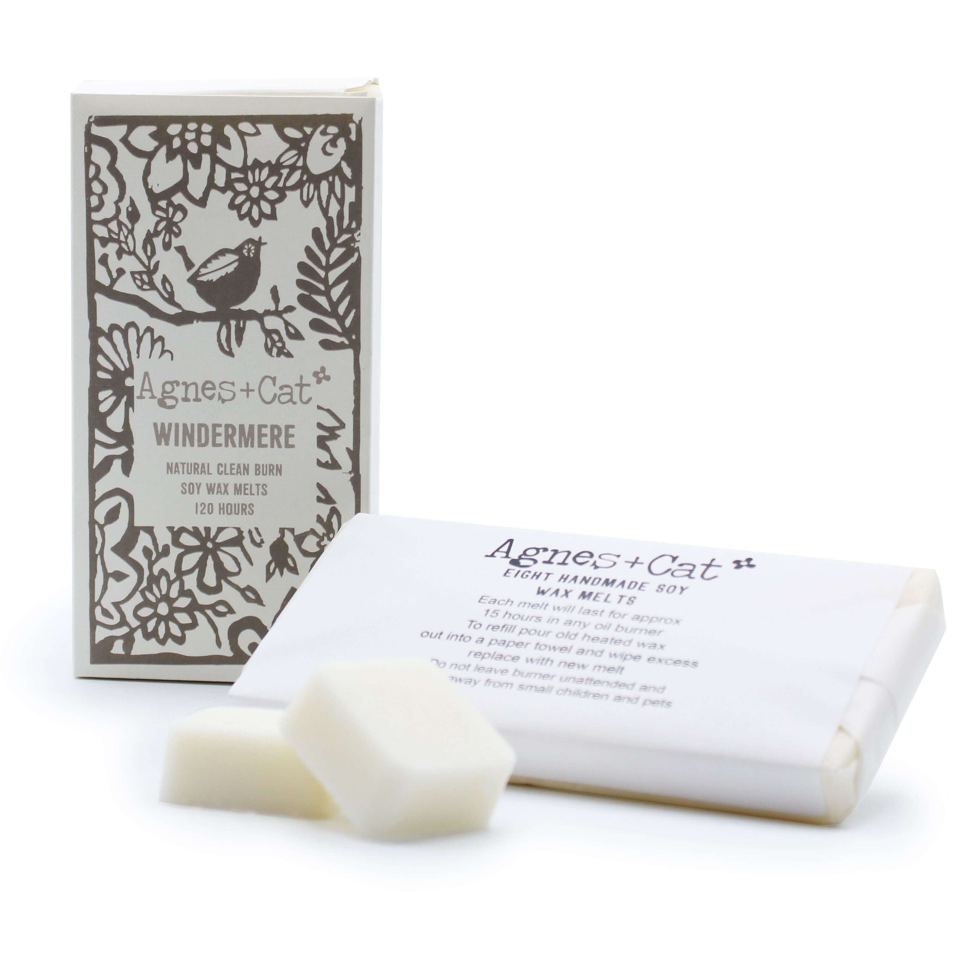 Agnes + Cat wax melts packaging with a bar of wax on a white background