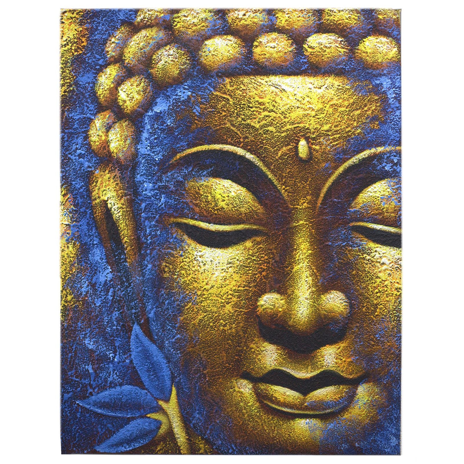 Buddha Painting - Gold Face, handcrafted Balinese lotus on a tranquil blue textured background.