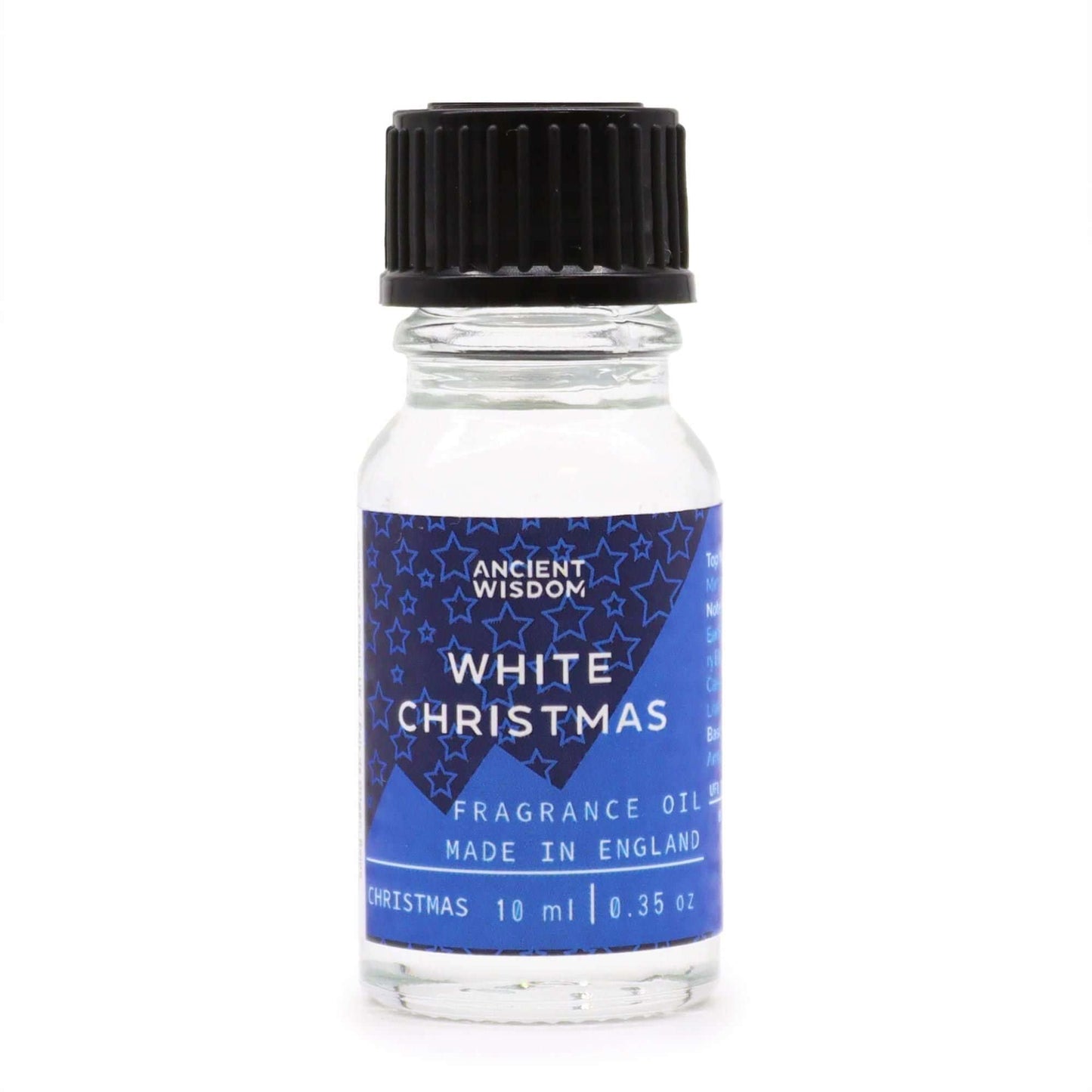 White Christmas Fragrance Oil 10ml bottle displayed against a white backdrop, perfect for festive use.