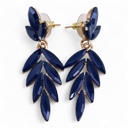 Royal Blue Vintage Glass Long Drop Earrings With Leaf Motif showcasing elegant design and ocean-inspired colors.