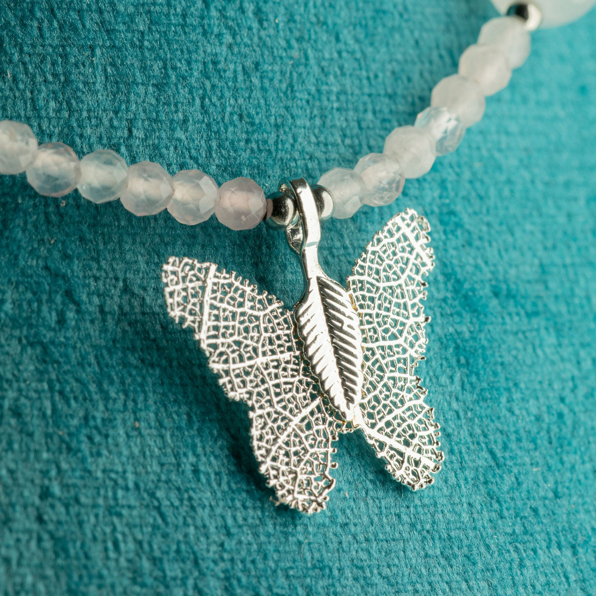 Rose Quartz Gemstone Necklace with Real Leaf Butterfly Pendant