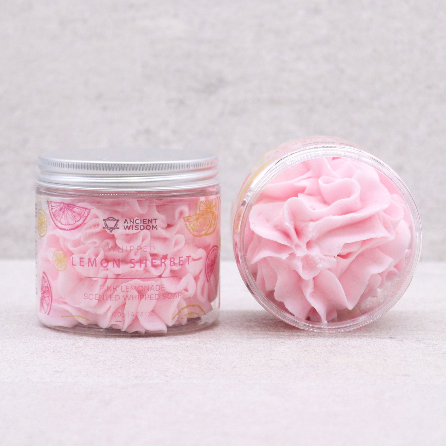 Pink Lemonade Whipped Soap 120g in a jar, lemon sherbet scent; swirled pink soap, vegan and cruelty-free.