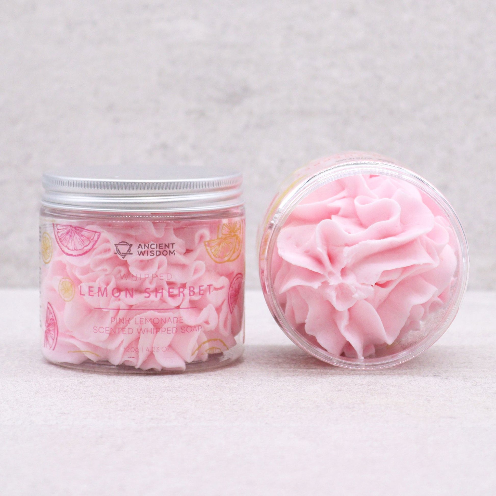 Pink Lemonade Whipped Soap 120g in a jar, lemon sherbet scent; swirled pink soap, vegan and cruelty-free.