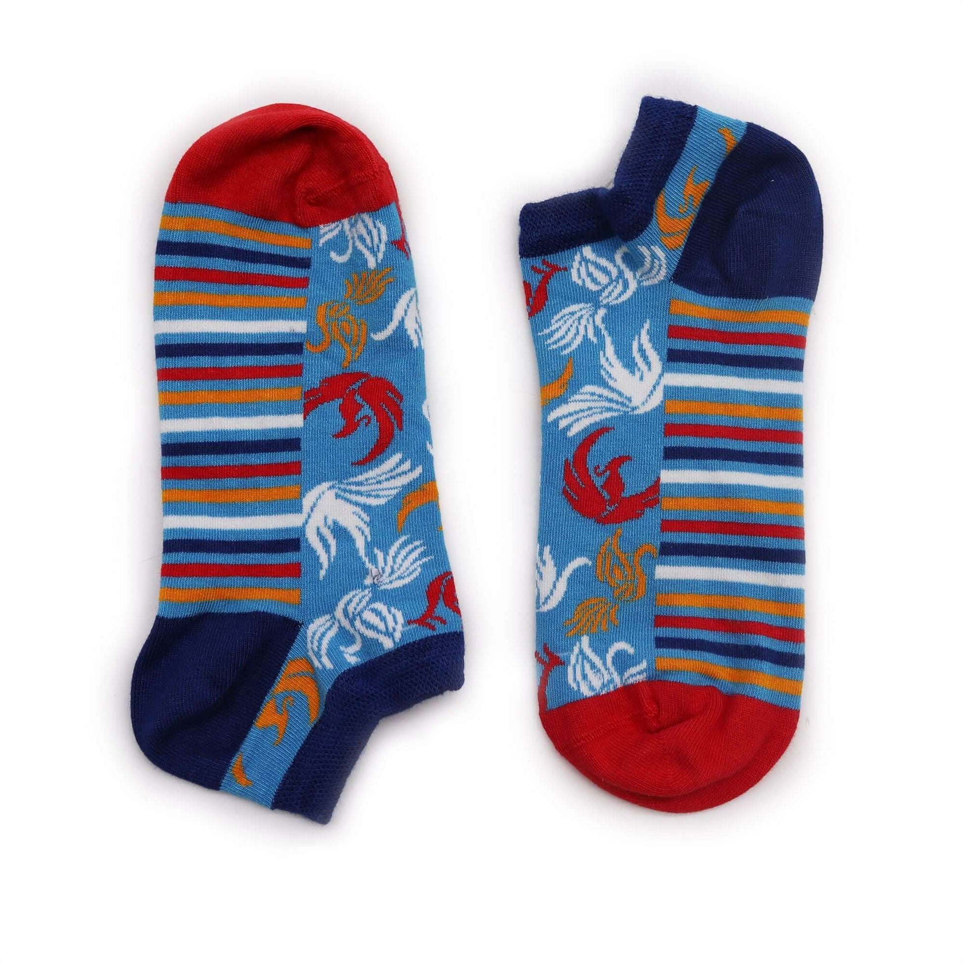 S/M Hop Hare Bamboo Socks Low (3.5-6.5) - Phoenix in colorful blue, red, and striped design.