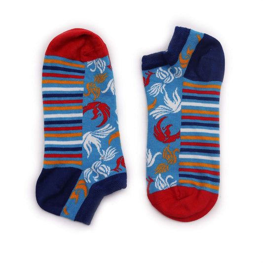 S/M Hop Hare Bamboo Socks Low (3.5-6.5) - Phoenix in colorful blue, red, and striped design.