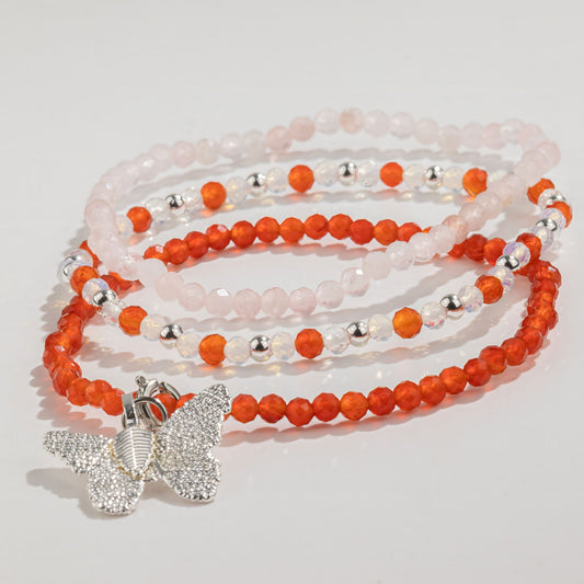 Rose Quartz & Ruby Gemstone Bracelet Set with Butterfly Charm