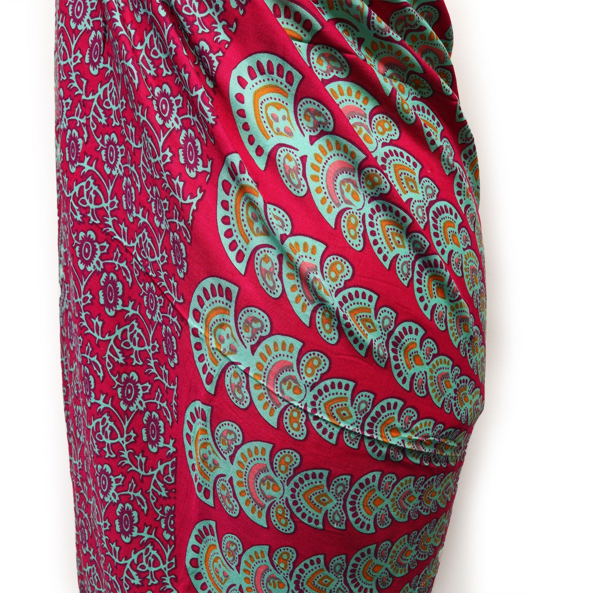 Elegant Teal Purple Mandala Sarongs featuring intricate paisley and floral designs, perfect for bohemian style.