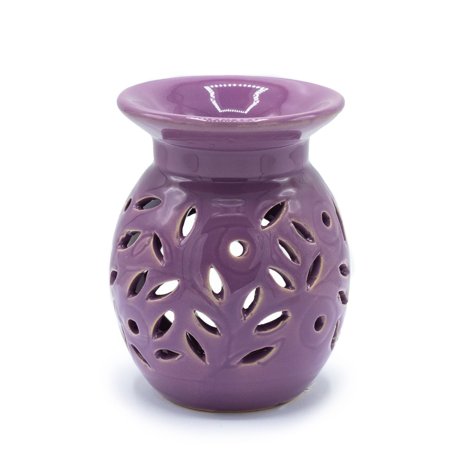 Floral Oil Burner - Lavender purple ceramic aromatherapy burner with leaf cut-out floral pattern, glossy finish
