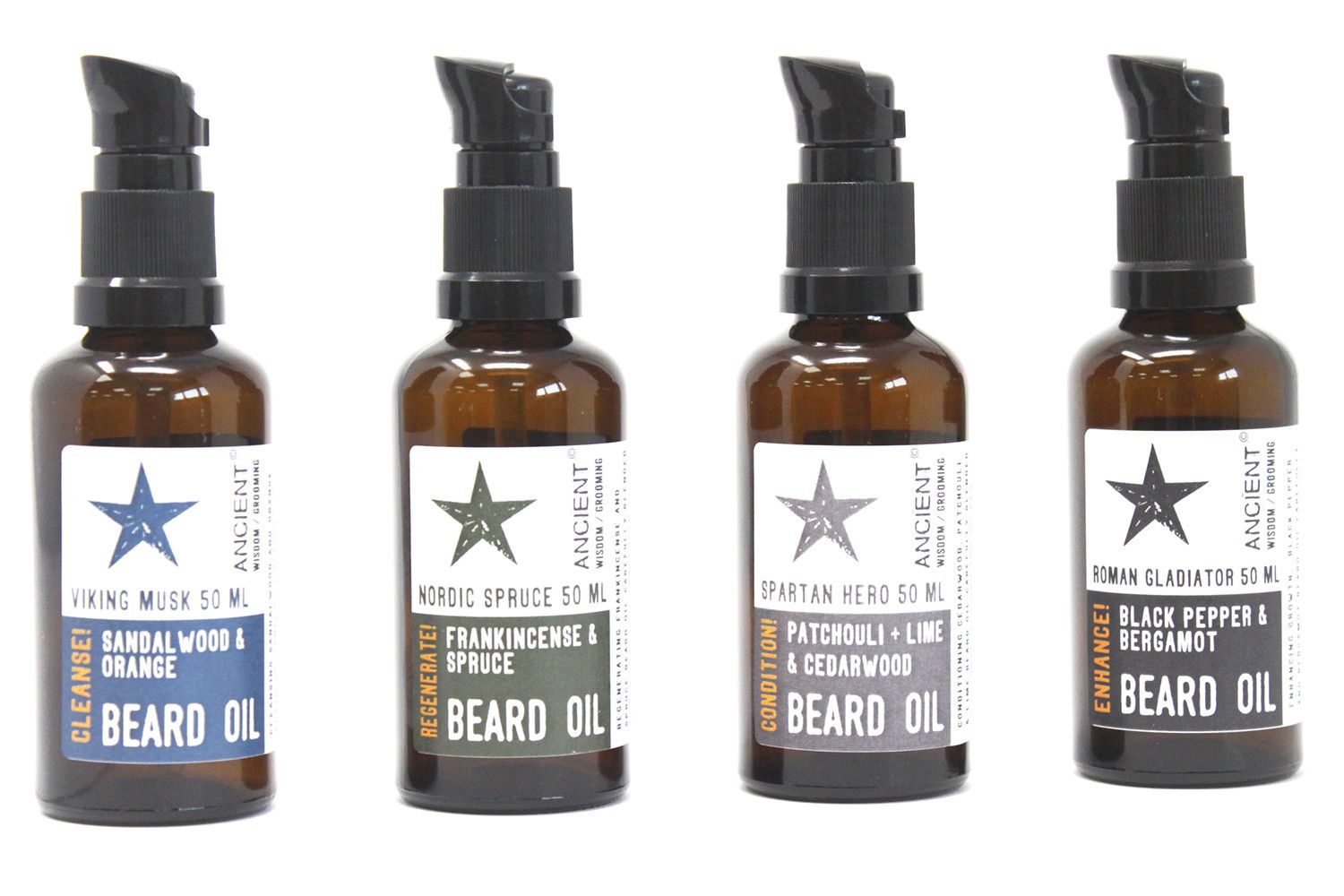 Four 50ml beard oil bottles, including Viking Musk Cleanse (orange and sandalwood)