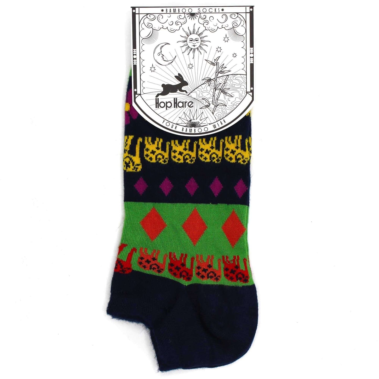 S/M Hop Hare Bamboo Socks Low (3.5-6.5) - Lucky Elephant with vibrant designs and colors.