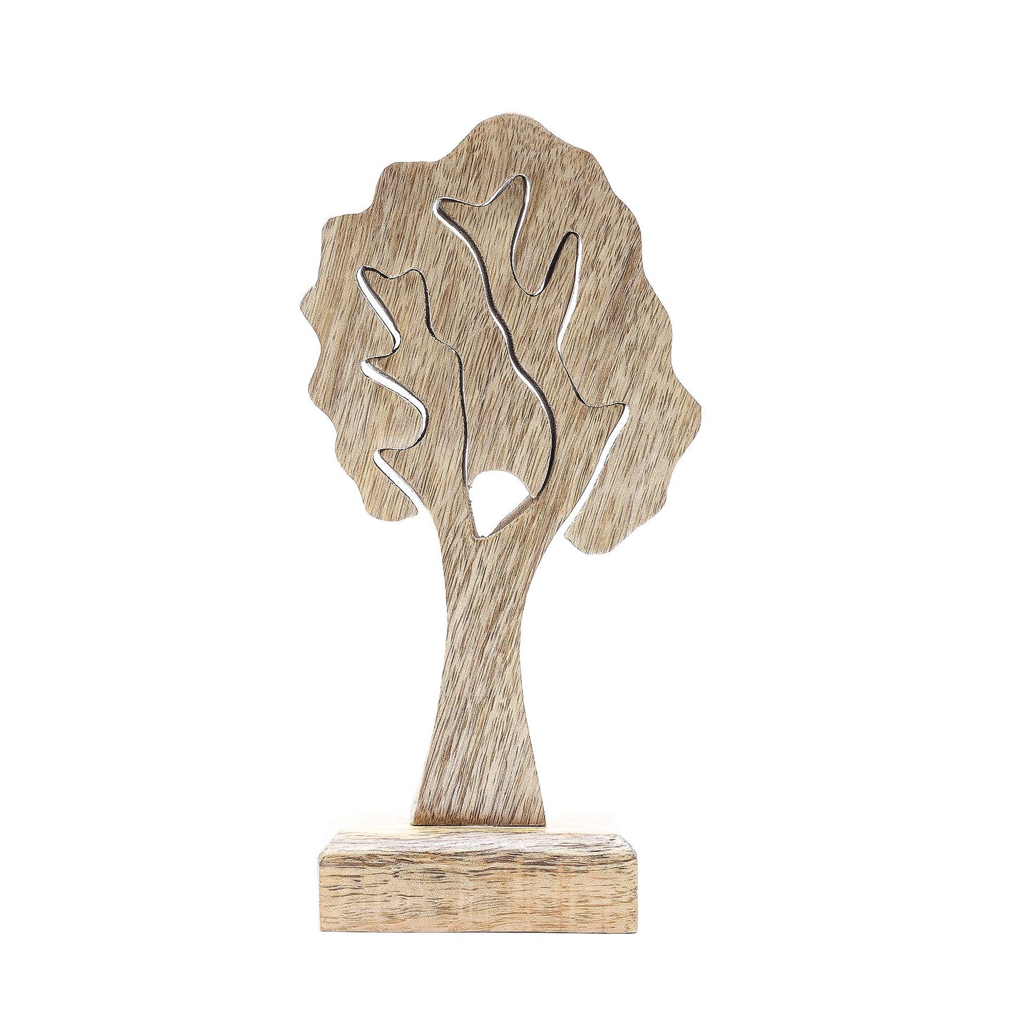 Natural mango wood tree sculpture on a rectangular base, standalone 3D ornament.