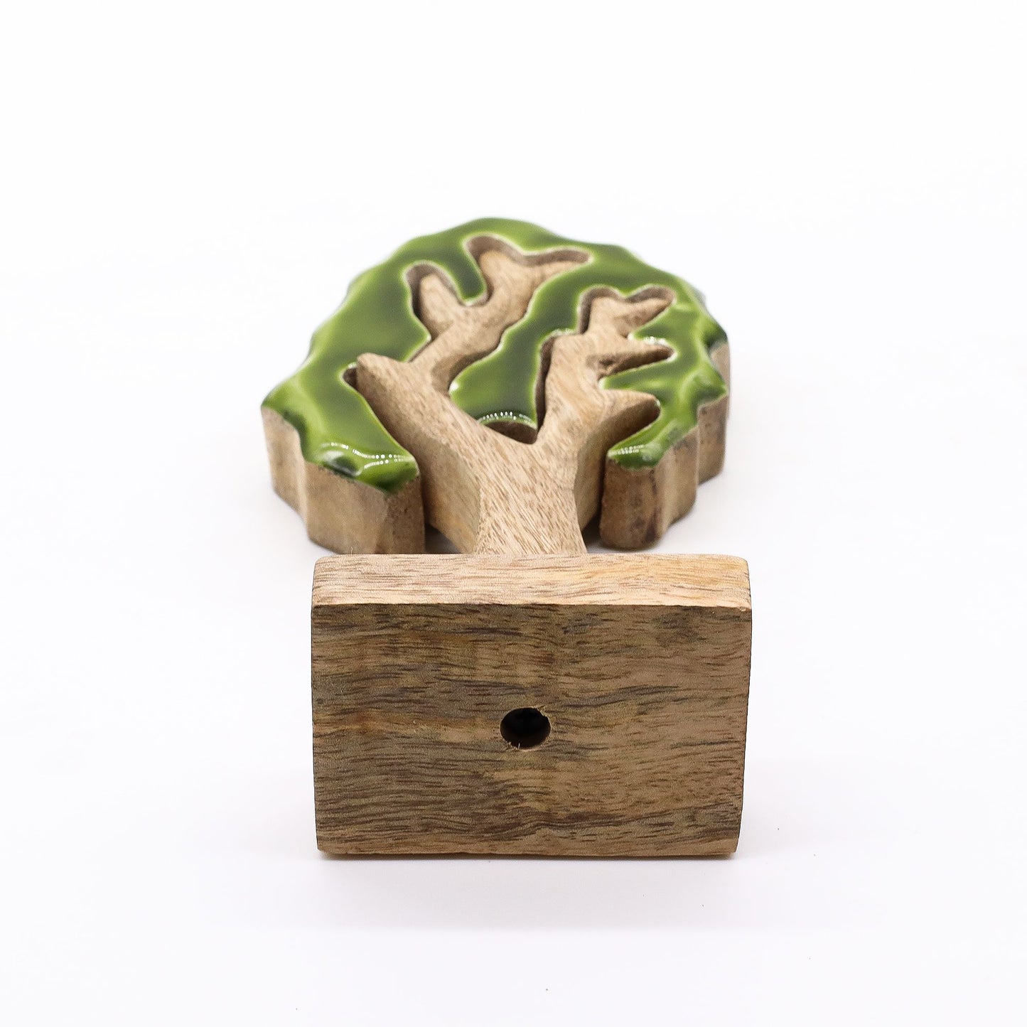 Lost in the Forrest 3D wooden tree ornament carved from mango wood with glossy green enamel, 20x10cm on a wooden base