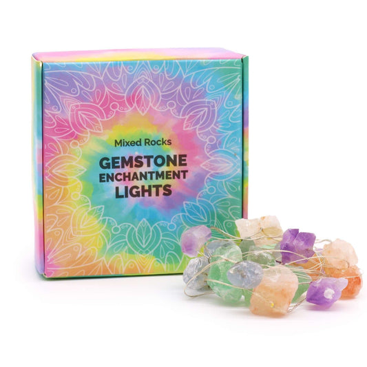 Gemstone Enchantment Lights Rainbow Mix Crystal String Lights box with colorful gemstones.