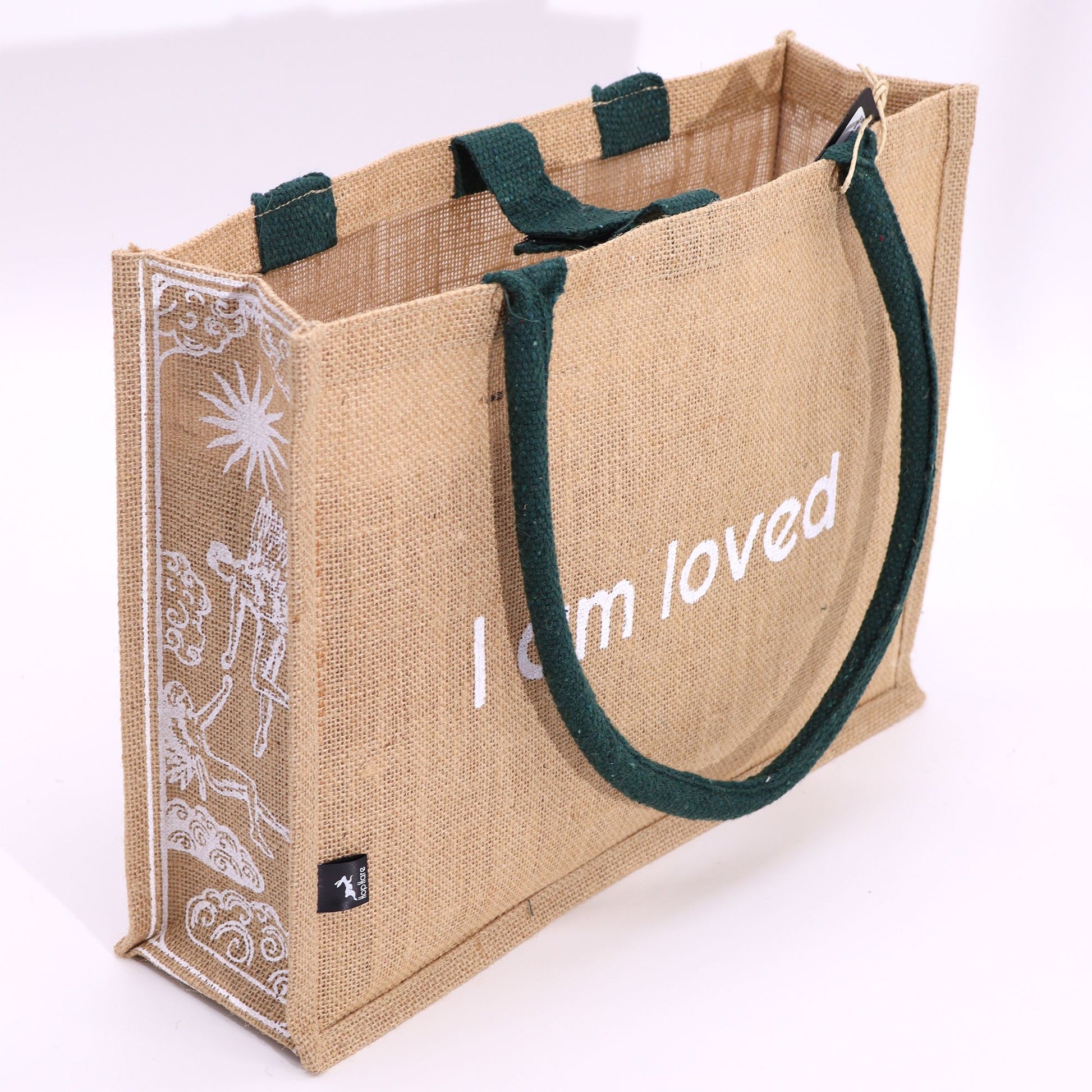 Hop Hare Jute Big Bag - I am Loved: natural jute tote, green handles, white 'I am loved' text and Cupid tarot design