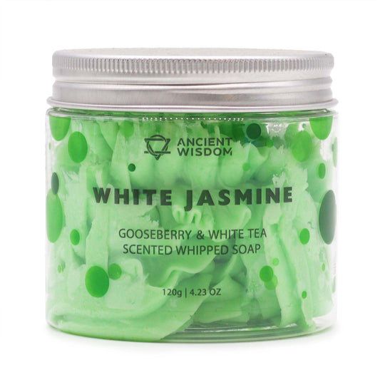Ancient Wisdom White Jasmine Gooseberry & White Tea Scented Whipped Soap, 120g in a green jar.