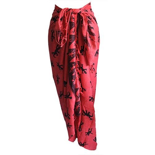 Charming Bali Gecko Sarongs - Pink featuring a vibrant coral-pink base and playful gecko pattern with fringe trim.