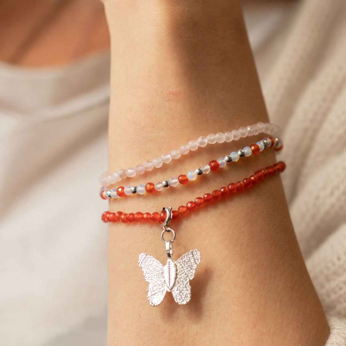 Rose Quartz & Ruby Gemstone Bracelet Set with Butterfly Charm