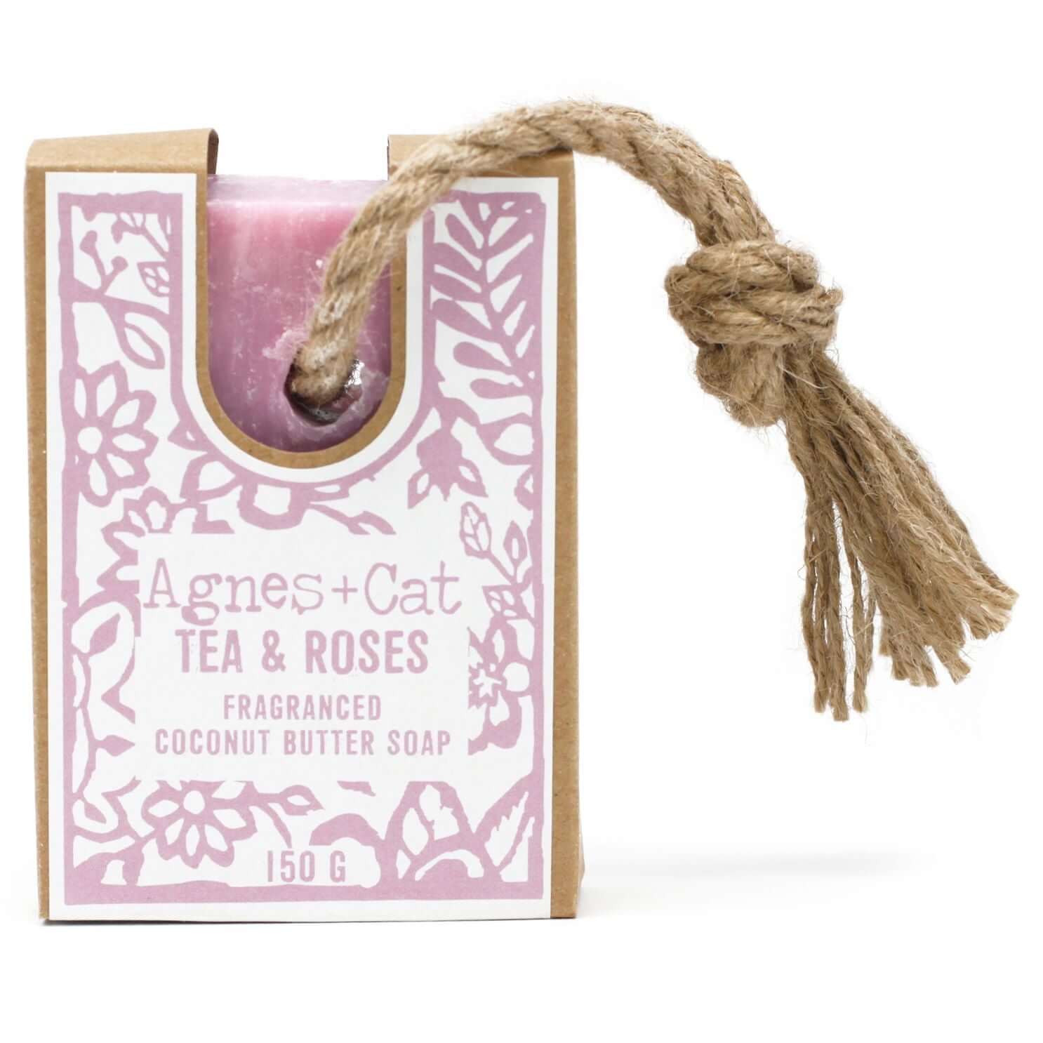 Soap On A Rope - TEA & ROSES with rope design, showcasing artisan handmade soap by Agnes & Cat.