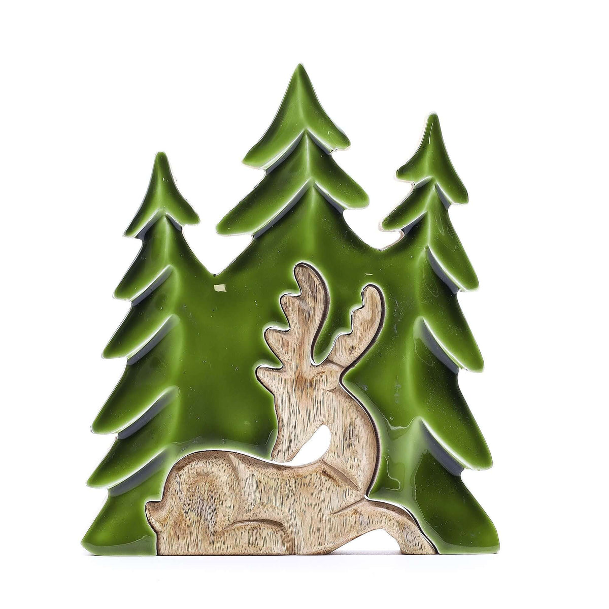 Stag among green pine trees in a 3D wooden forest ornament, 23x20cm, handcrafted in India.