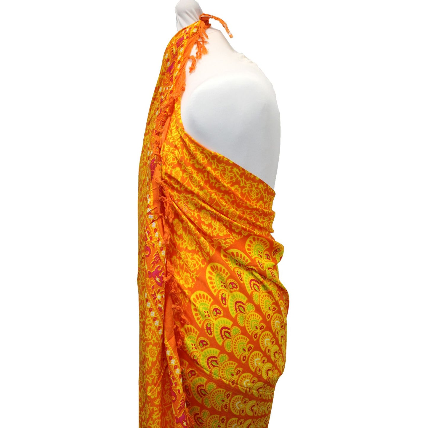Vibrant Lime Orange Mandala Sarongs featuring a stunning peacock feather design, perfect for any occasion.