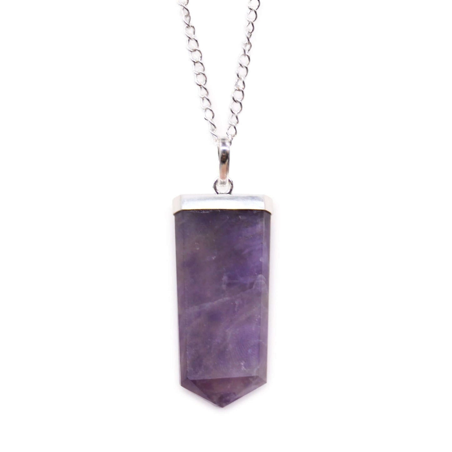 Amethyst Gemstone Flat Pencil Pendant Necklace Silver Plated showcasing a stunning purple gemstone and silver chain.