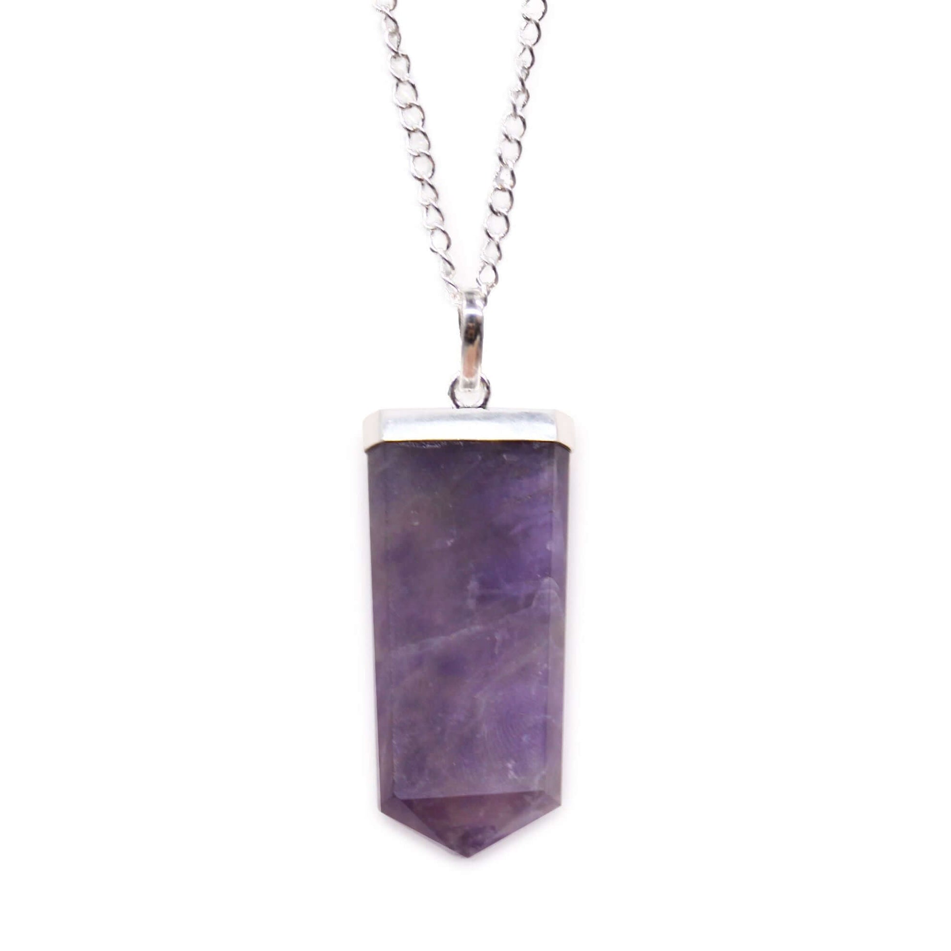 Amethyst Gemstone Flat Pencil Pendant Necklace Silver Plated showcasing a stunning purple gemstone and silver chain.