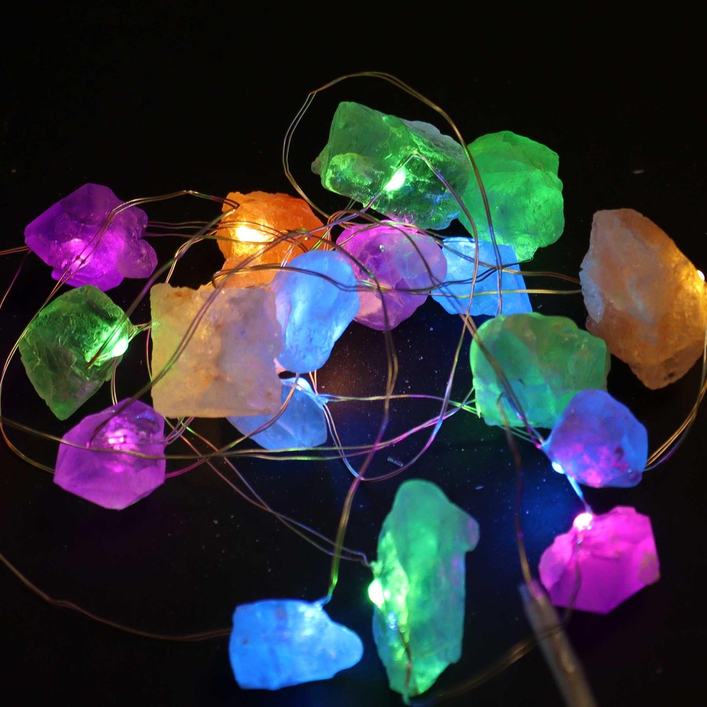 Gemstone Enchantment Lights Rainbow Mix Crystal String Lights with colorful LED illuminated gemstones.