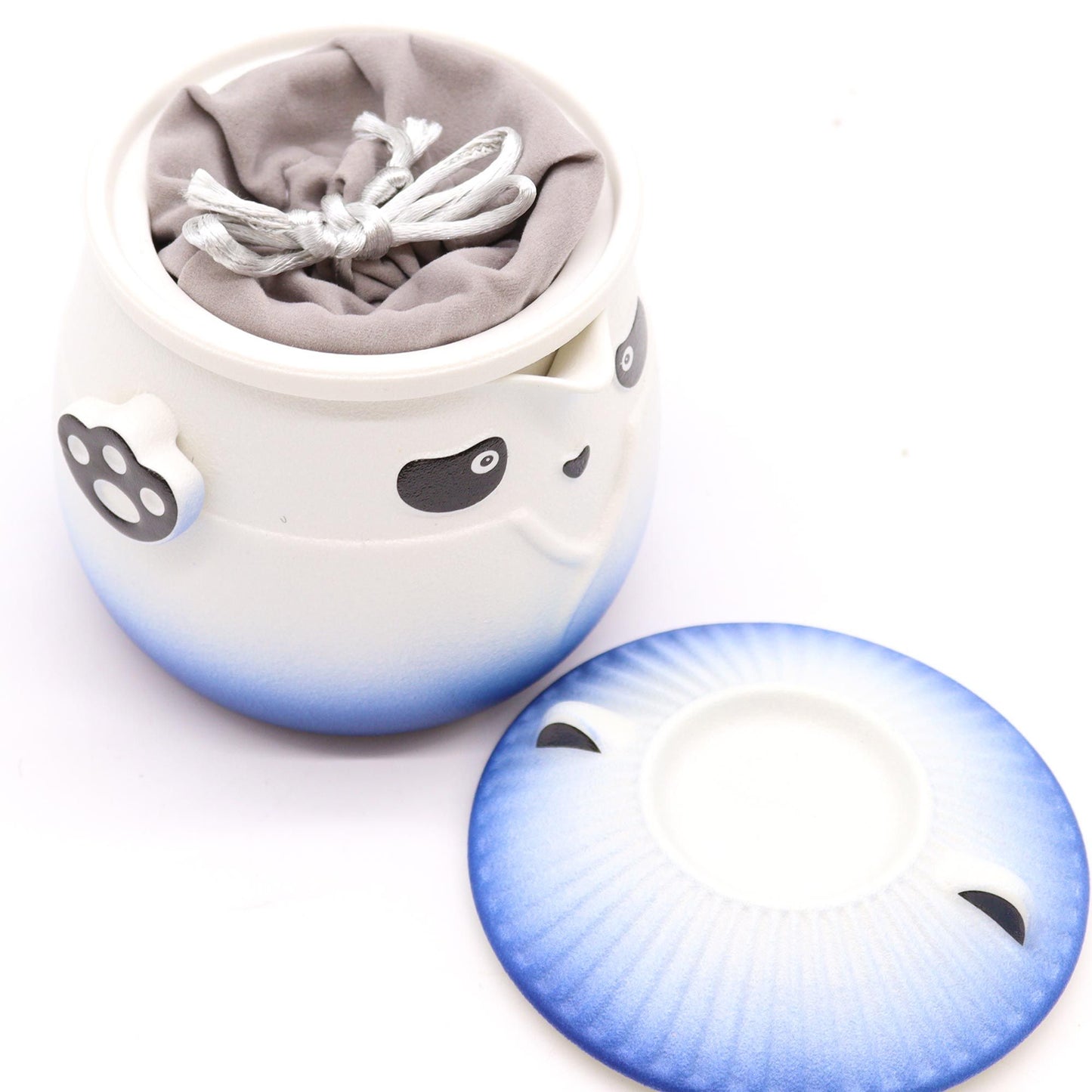 Panda Teapot Set Sky Blue with three cups, charming panda ceramic tea set.