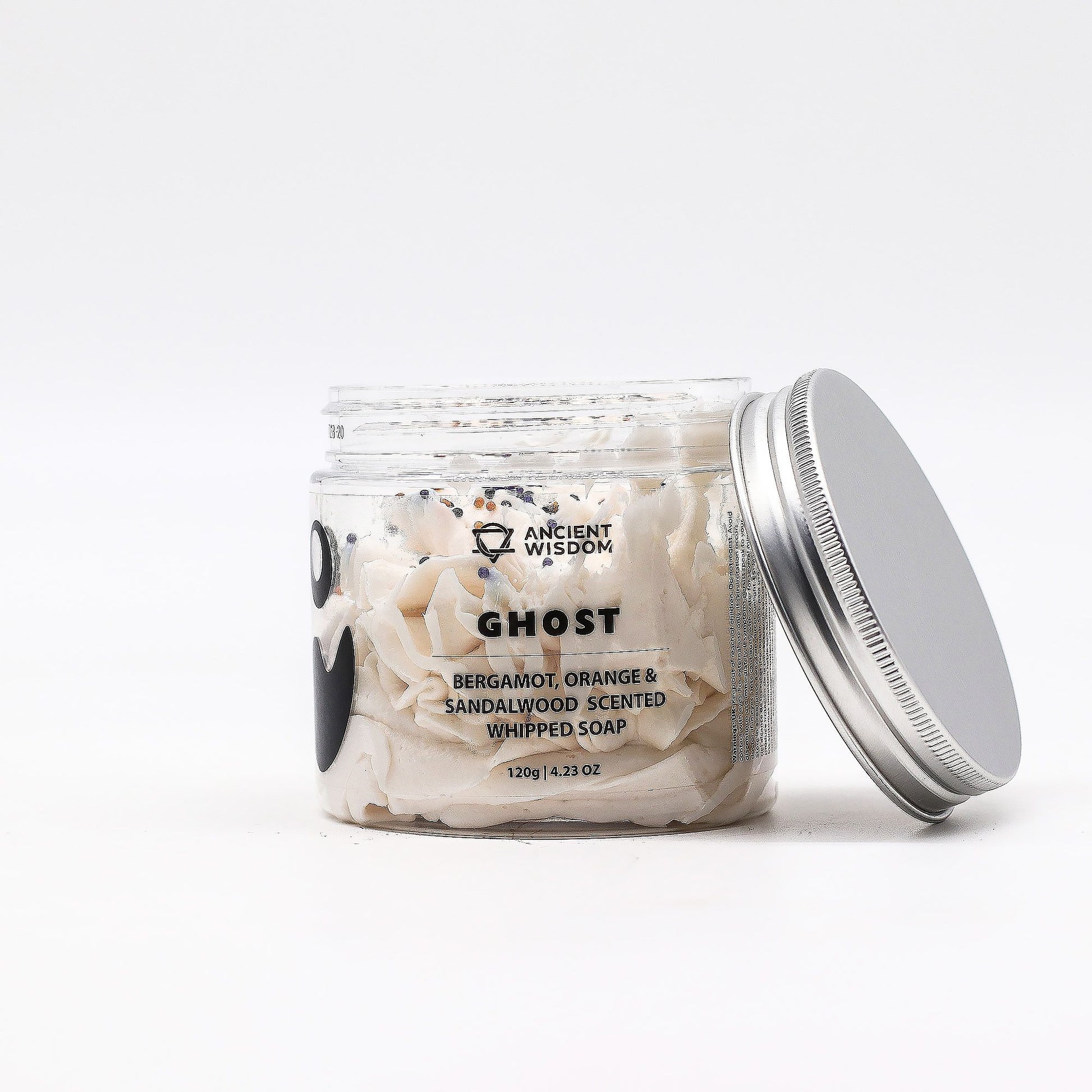 Ghost Whipped Soap 120g in clear jar with shredded soap and silver lid, bergamot, orange & sandalwood scent
