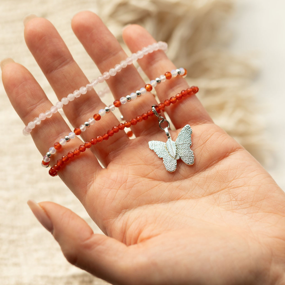 Rose Quartz & Ruby Gemstone Bracelet Set with Butterfly Charm