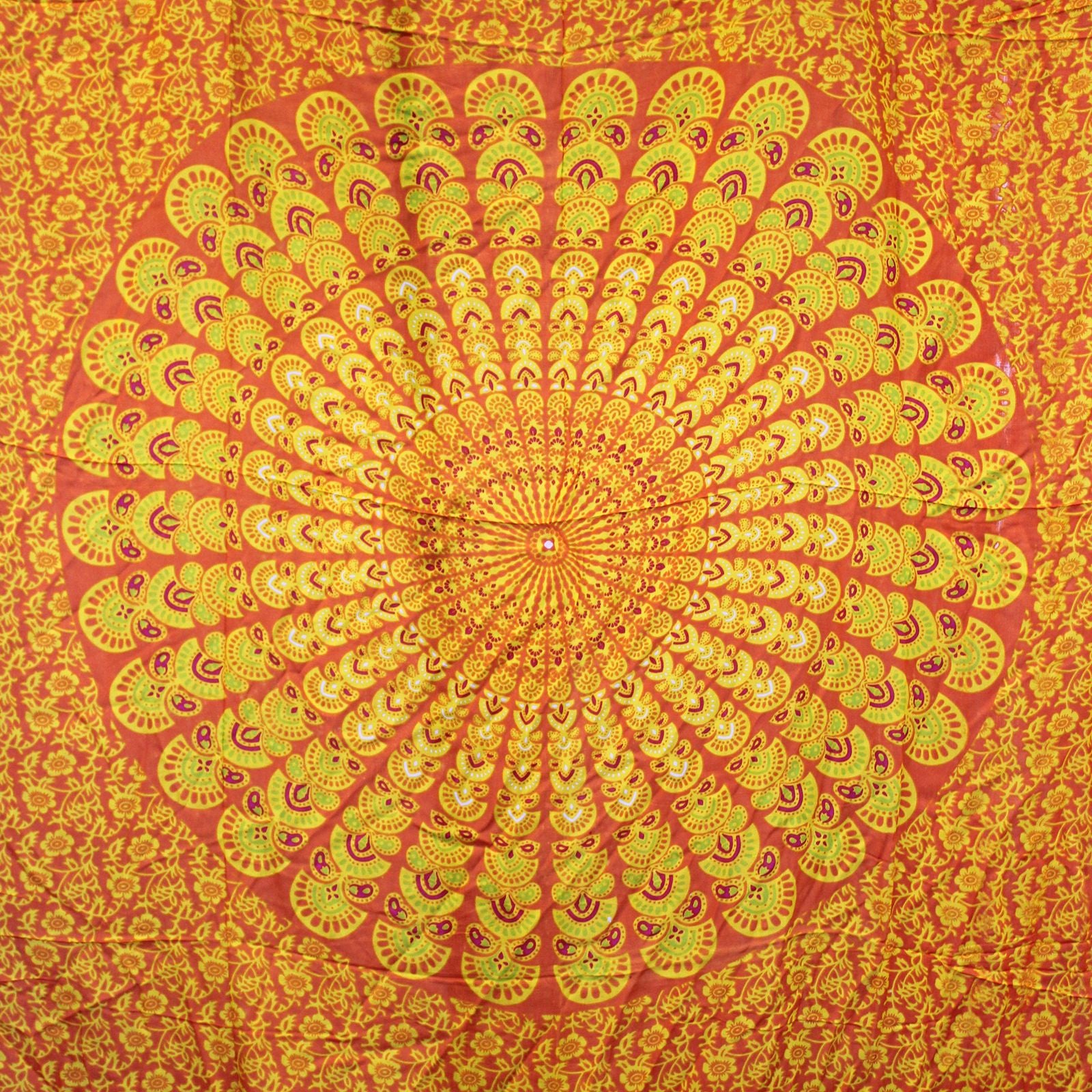 Vibrant Lime Orange Mandala Sarongs showcasing a stunning peacock feather design in sunset colours, perfect for any occasion.
