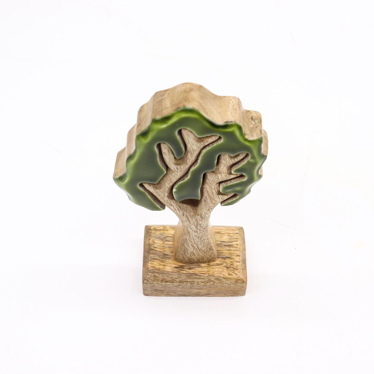 Lost in the Forrest single 3D mango wood tree ornament with glossy green enamel on square base, 20x10cm.