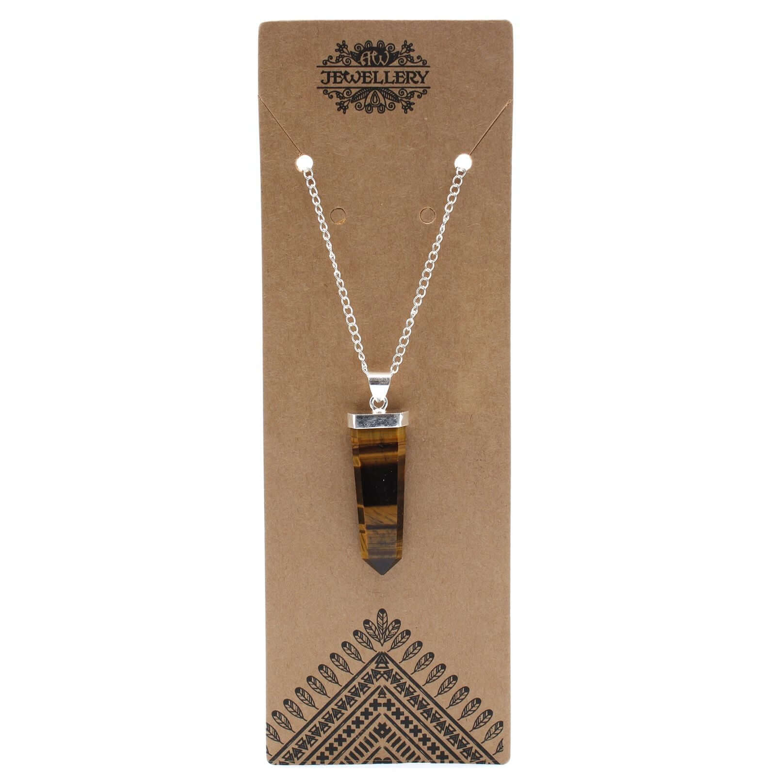 Tiger Eye Gemstone Flat Pencil Pendant Necklace Silver Plated displayed on a card.