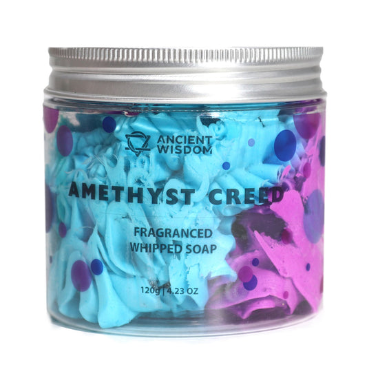 Amethyst Creed fragranced whipped soap in a clear jar with blue and purple swirls, 120g.