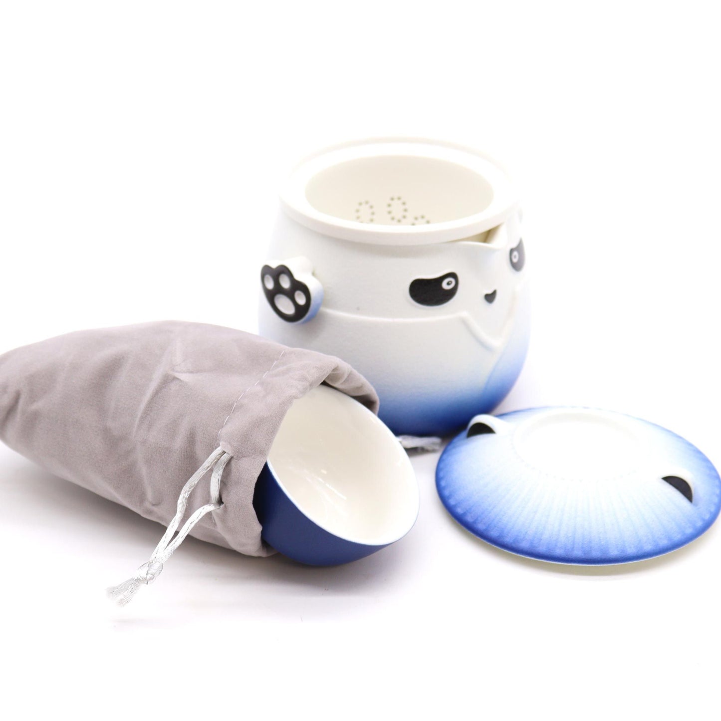 Panda Teapot Set with three Sky Blue cups, ceramic panda teapot and drawstring storage bag.
