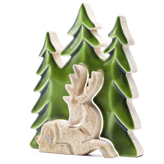 Lost in the Forrest Stag in the Forrest 3D wooden decoration with green trees, 23x20cm, handcrafted in India