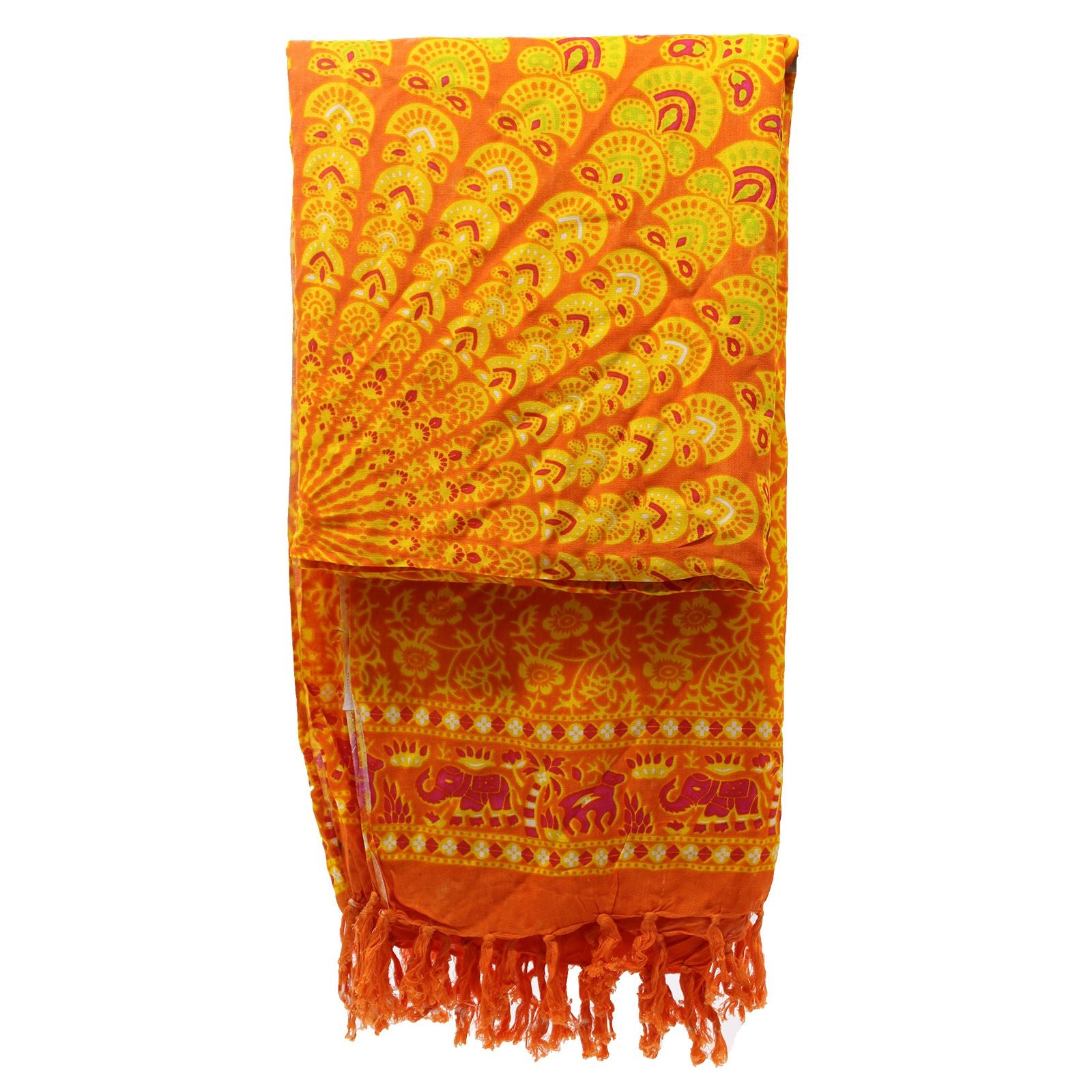 Vibrant Lime Orange Mandala Sarongs featuring a stunning peacock-inspired design, perfect for any occasion.