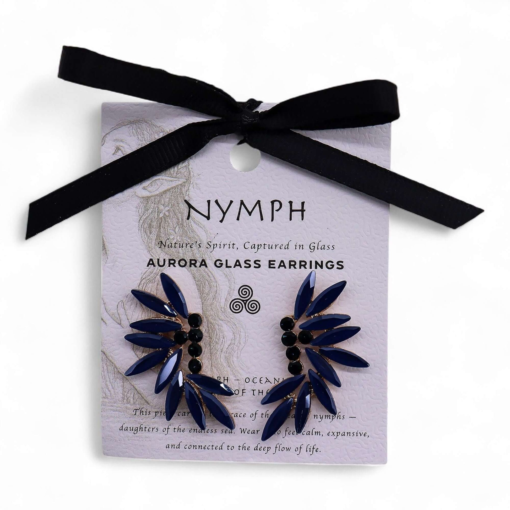 Royal Blue Vintage Glass Fairy Earrings With Leaf Motif displayed elegantly on a card with black ribbon.