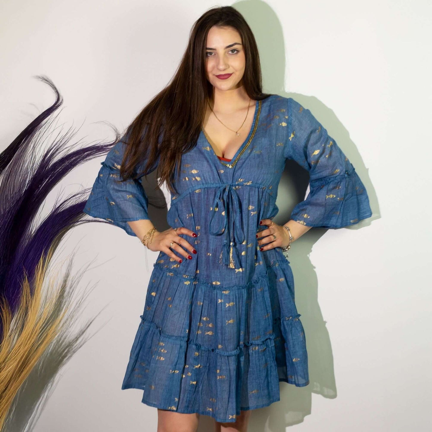 Nomad Sari Sea Blue Gold Fish Print Dress M/L