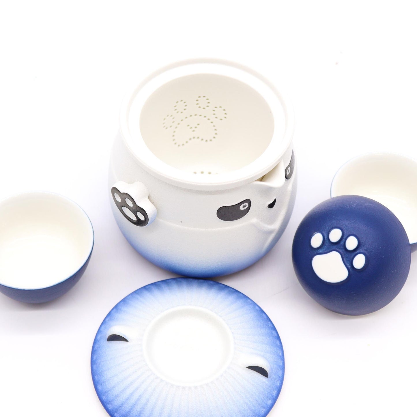 Panda Teapot Set - Sky Blue with three cups, panda-themed ceramic tea set