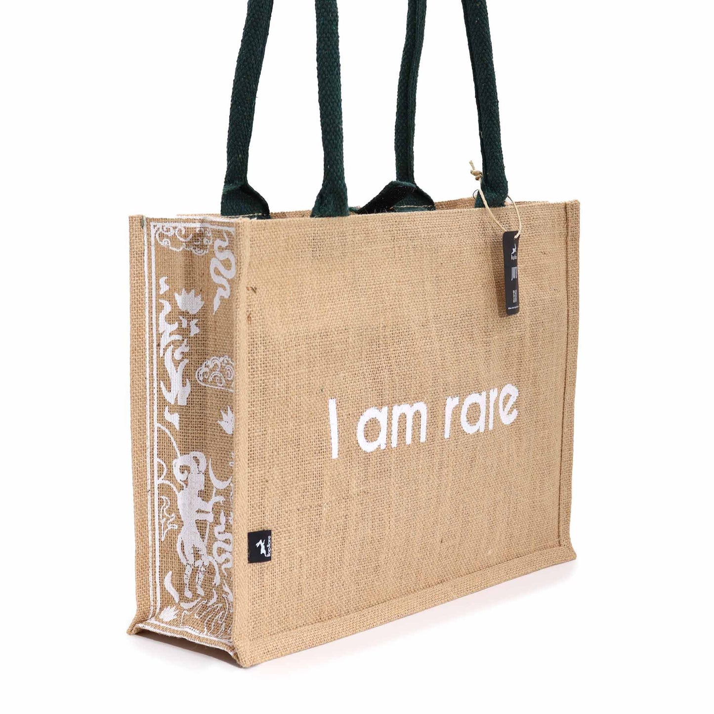 Hop Hare Jute Big Bag - I am Rare natural jute tote with Devil tarot-inspired white print and dark green handles