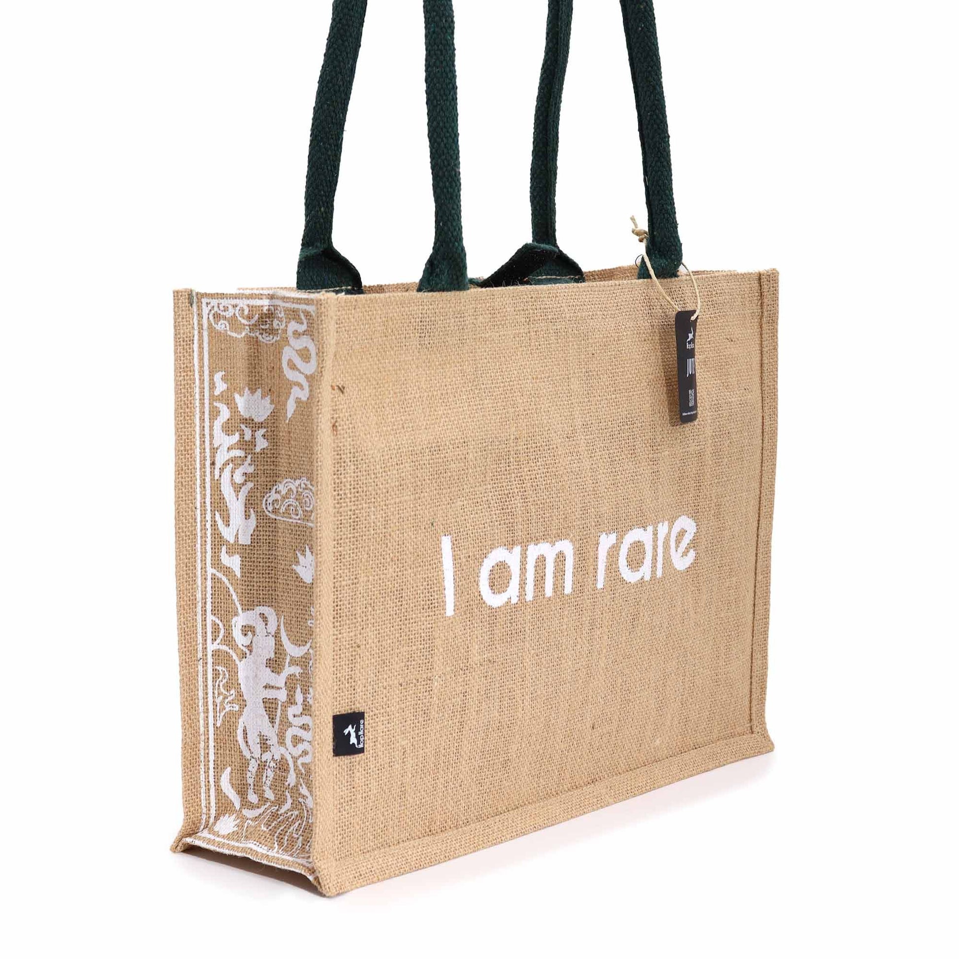 Hop Hare Jute Big Bag - I am Rare natural jute tote with Devil tarot-inspired white print and dark green handles