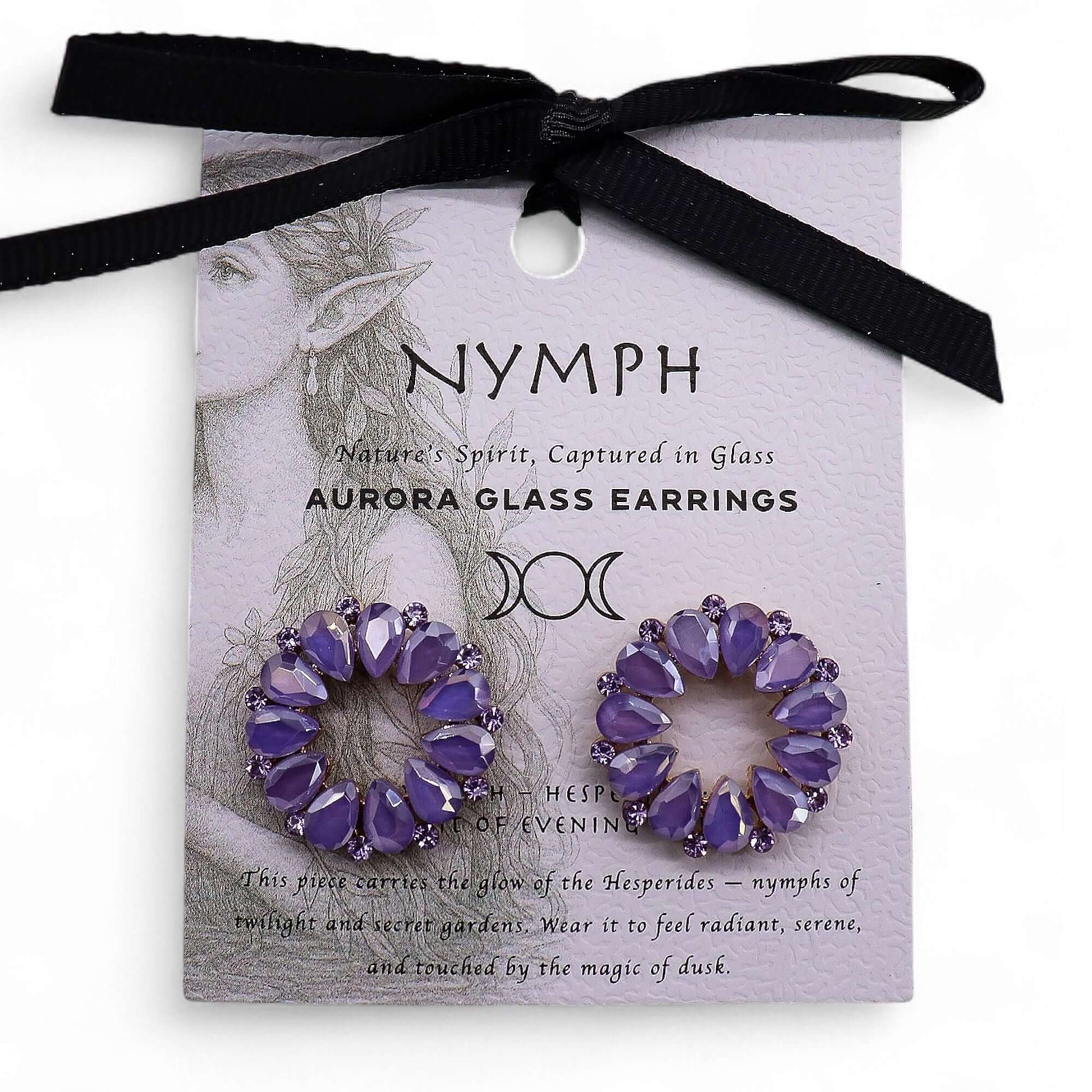 Lavender vintage glass loop earrings with lilac beads on a Nymph card.