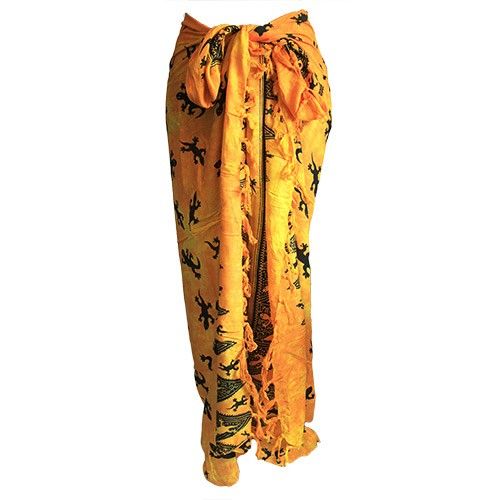 Bali Gecko Sarongs - Yellow showcases a vibrant design with playful geckos on a golden yellow base, perfect for summer.