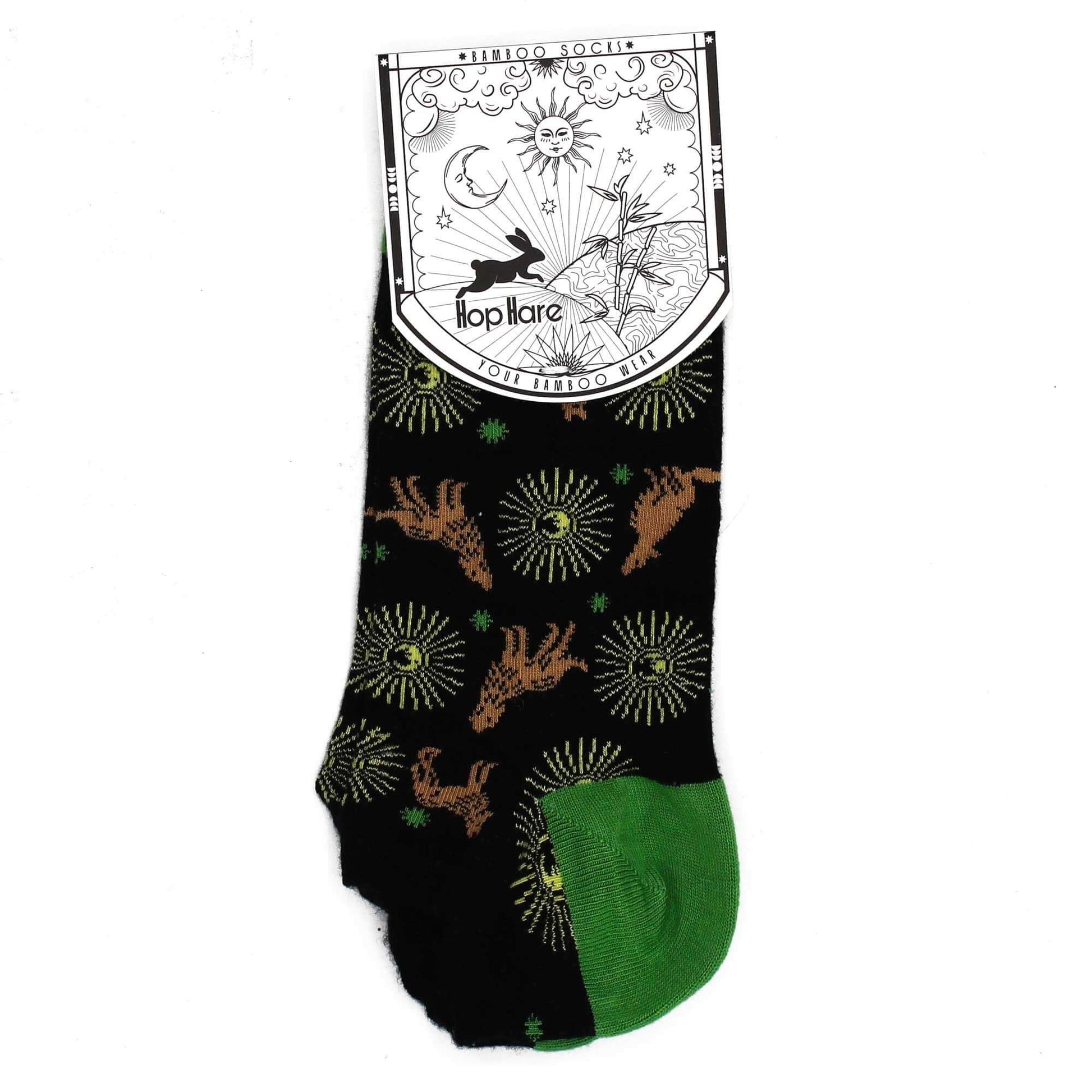 S/M Hop Hare Bamboo Socks Low (3.5-6.5) - Moonlight Wolfs with green accents and unique rabbit design.