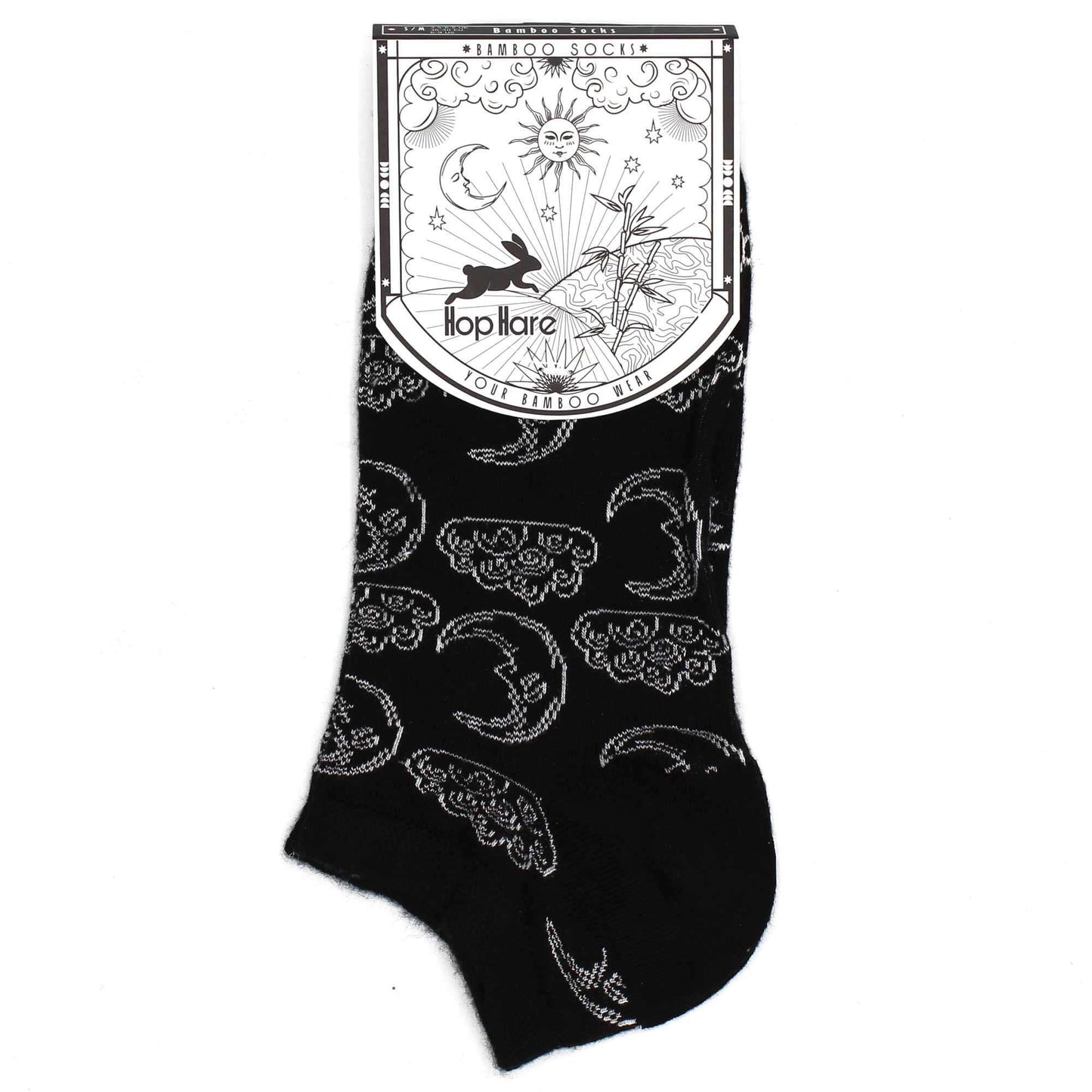 S/M Hop Hare Bamboo Socks Low (3.5-6.5) - Day and Night with unique moon and hare design.